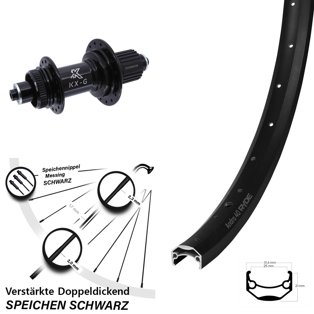 Disc Hinterrad 27,5 Zoll Ryde Andra 40 KX-GS verstärkt Shimano Micro Spline QR