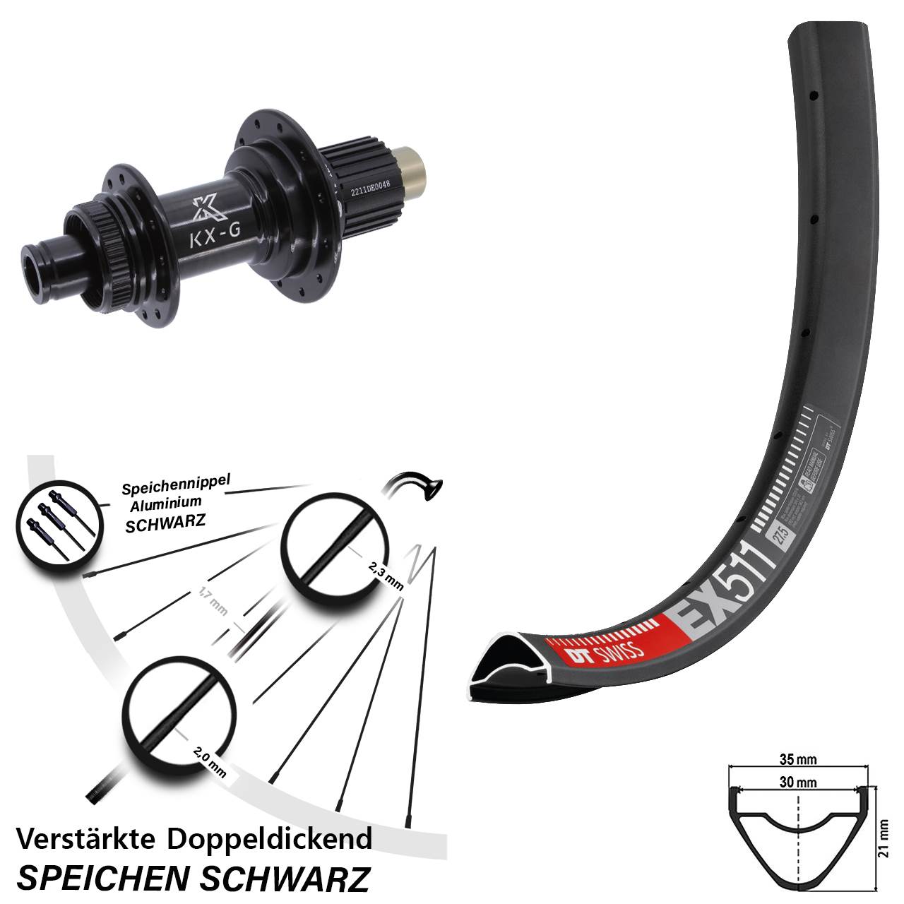 DT Swiss EX511 KX-G 27,5 Zoll Disc Laufrad 12x142 Shimano Micro Spline