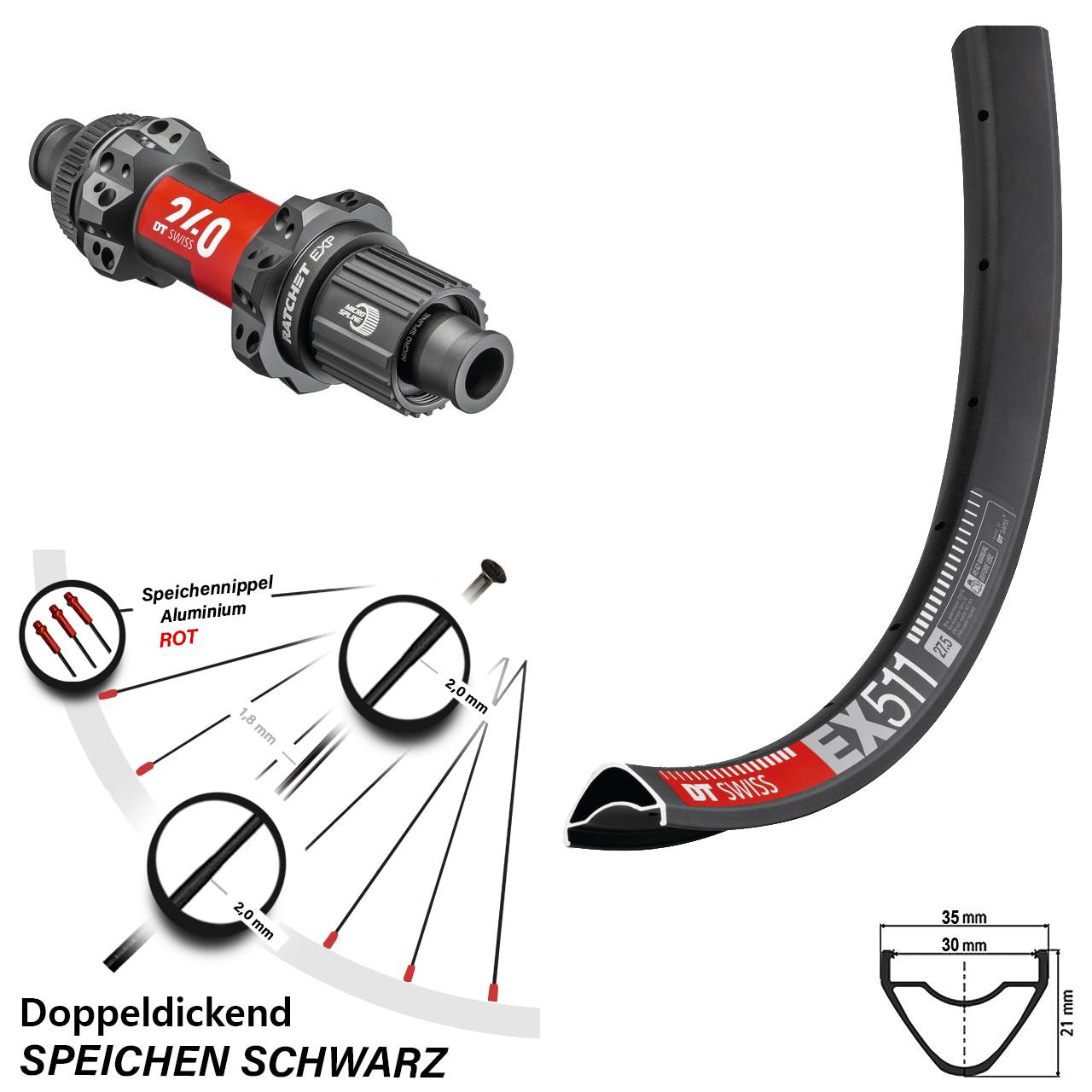 DT Swiss EX 511 Hinterrad 27,5 Zoll 240 EXP Boost 12x148 mm Straightpull Centerlock