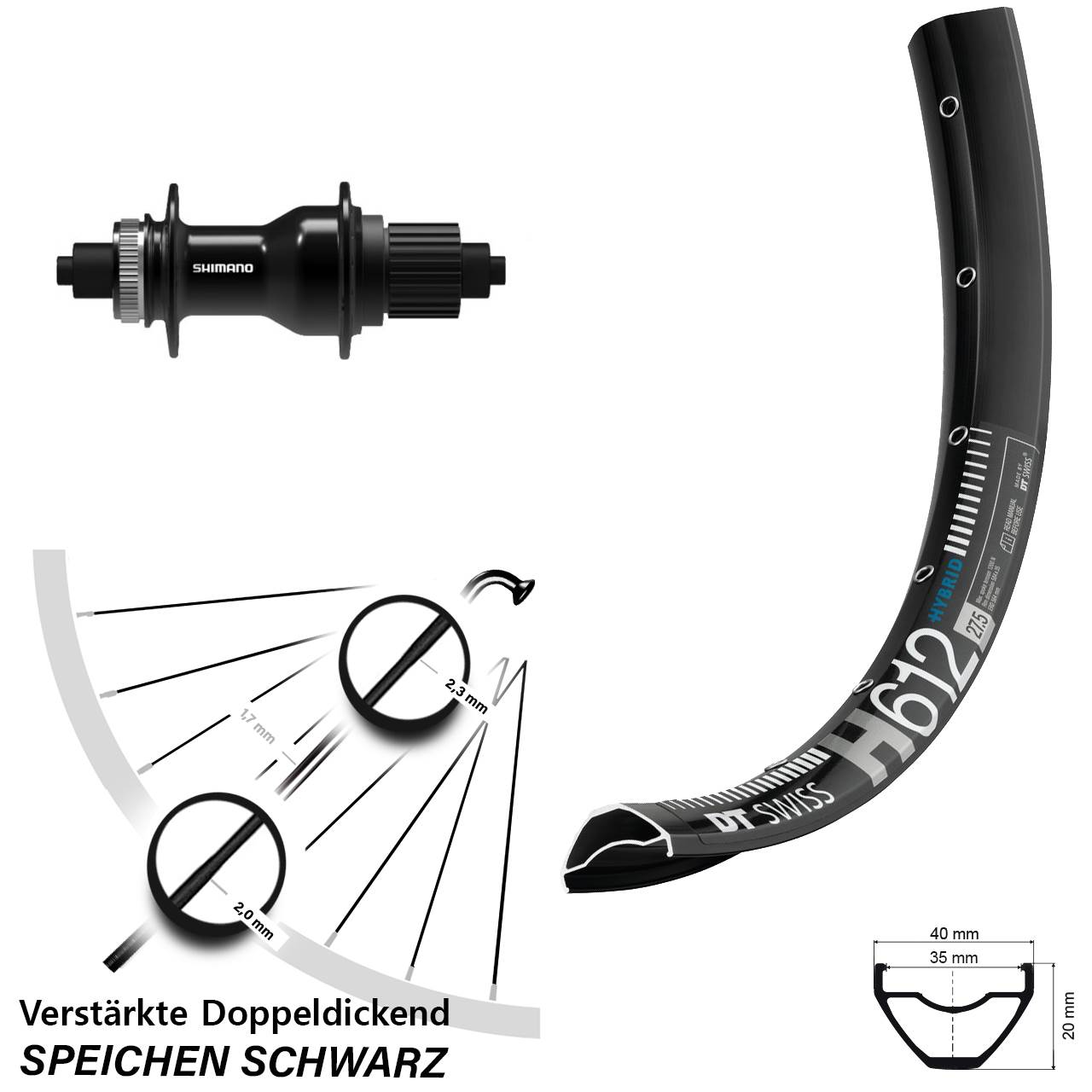 DT Swiss H 612 Shimano FH-QC500-MS 27,5 Zoll Disc Laufrad für Schnellspanner Micro Spline