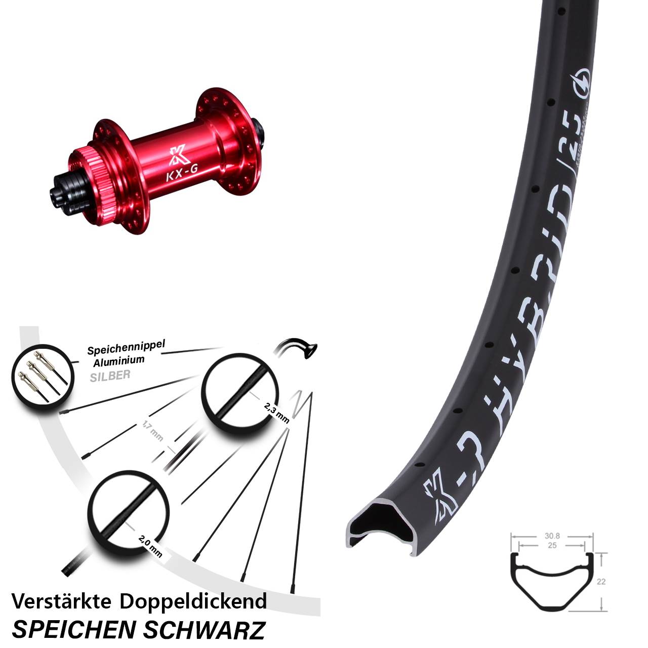 KX-GR Hybrid 25 rot 27,5 Zoll Centerlock Vorderrad QR