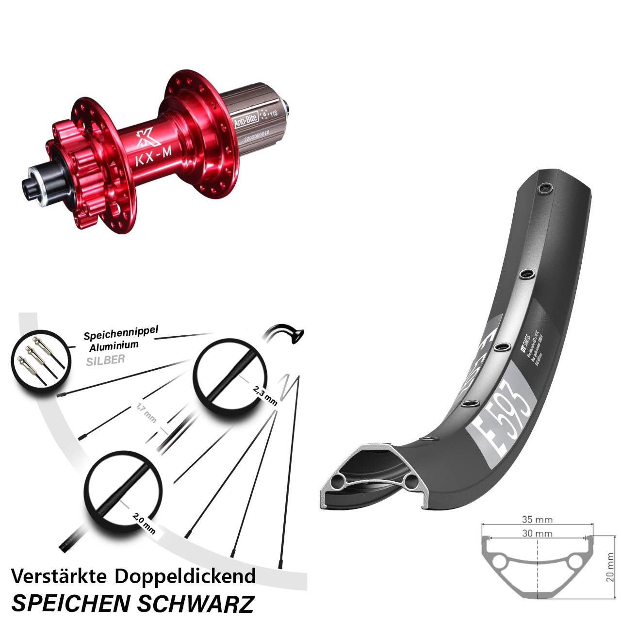 29 Zoll DT Swiss E 593 KX-M rot Disc Laufrad QR 8-12 fach