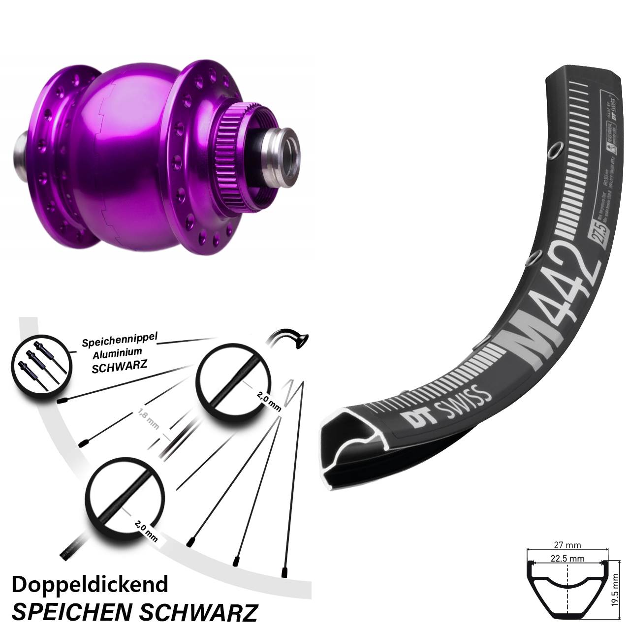 SON 28 violett DT Swiss M442 29 Zoll Nabendynamovorderrad Centerlock 12x100