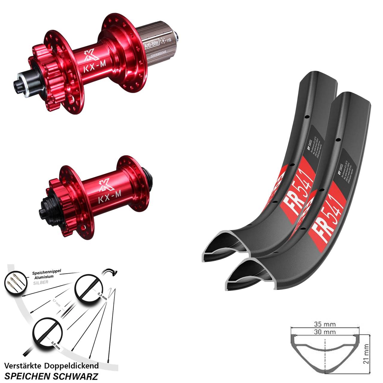 29 Zoll DT Swiss FR 541 KX-M rot Laufradsatz 6-Loch für Schnellspanner 8-12 fach HG