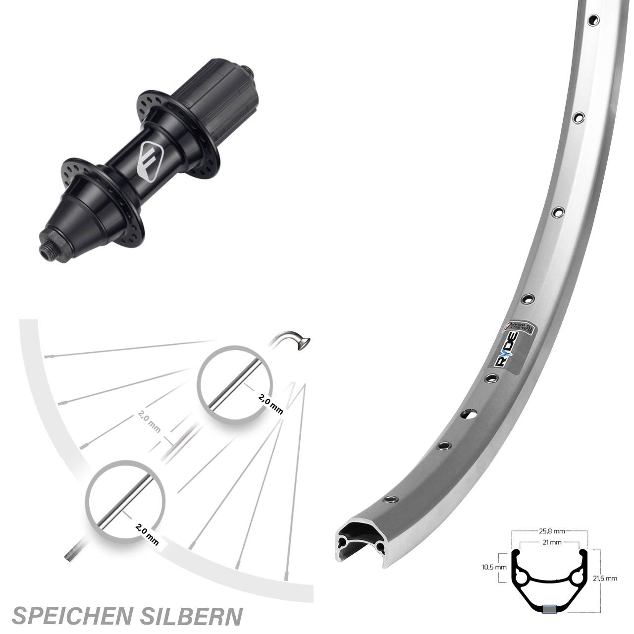 27,5 Zoll Ryde ZAC 421 silber Formula FM32 Hinterrad 5x135 7 fach HG