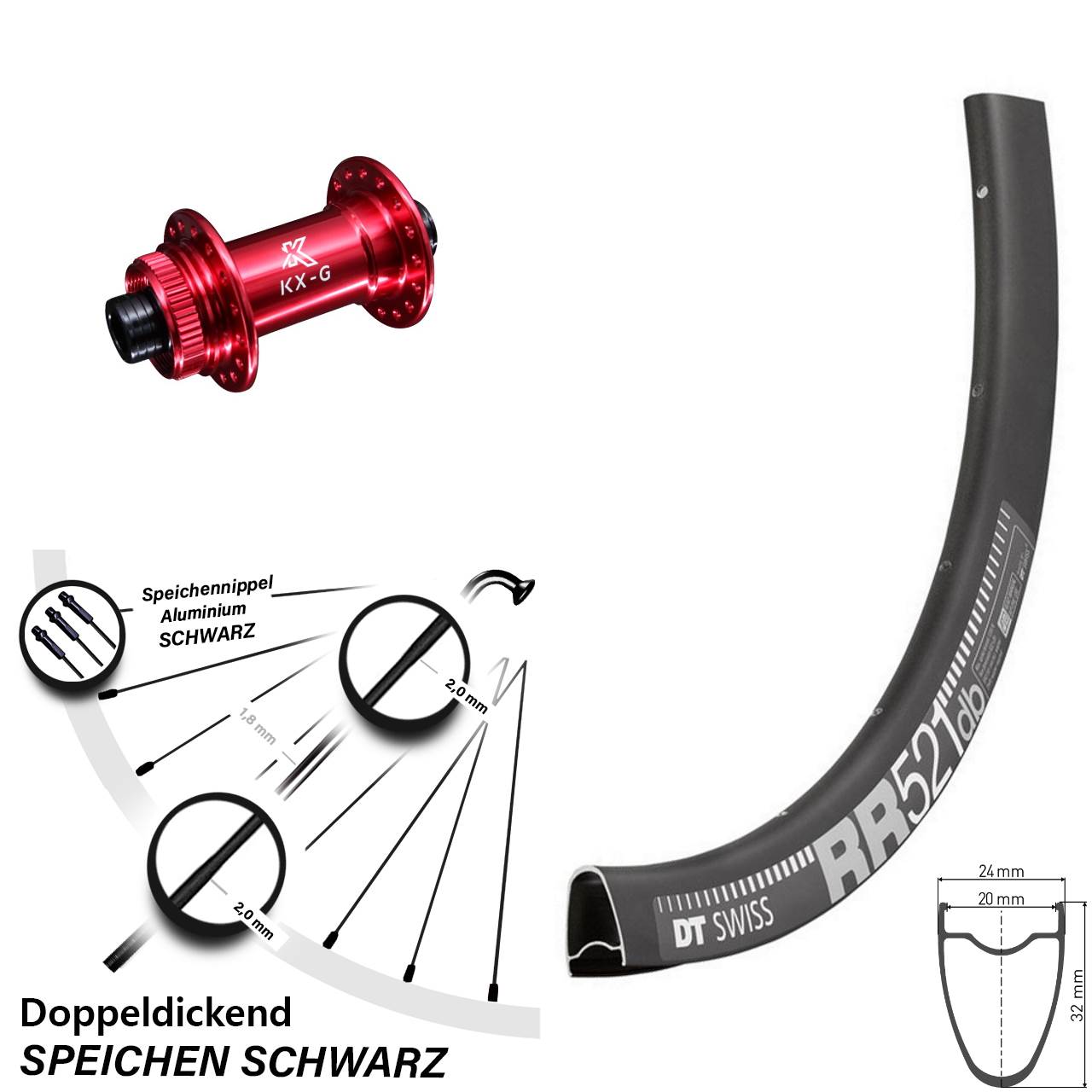 DT Swiss RR 521 KX-G rot 28 Zoll Disc Vorderrad 15x100