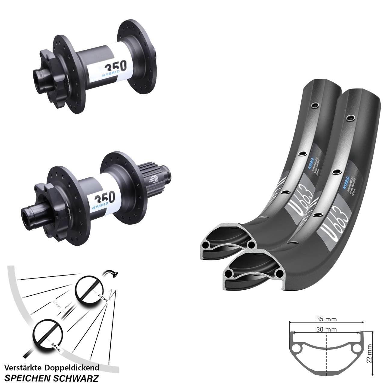 26 Zoll DT Swiss U 663-Hybrid 350 Laufradsatz 15x110 12x148 Boost 6-Loch Micro Spline