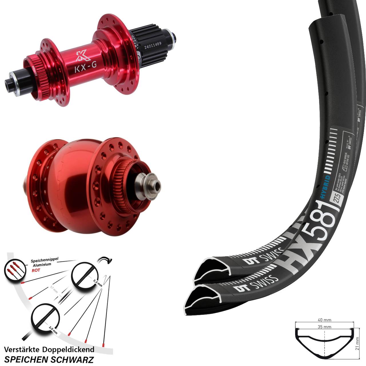 27,5 Zoll DT Swiss HX581 KX-G rot SON 28 Laufradsatz Disc QR Micro Spline