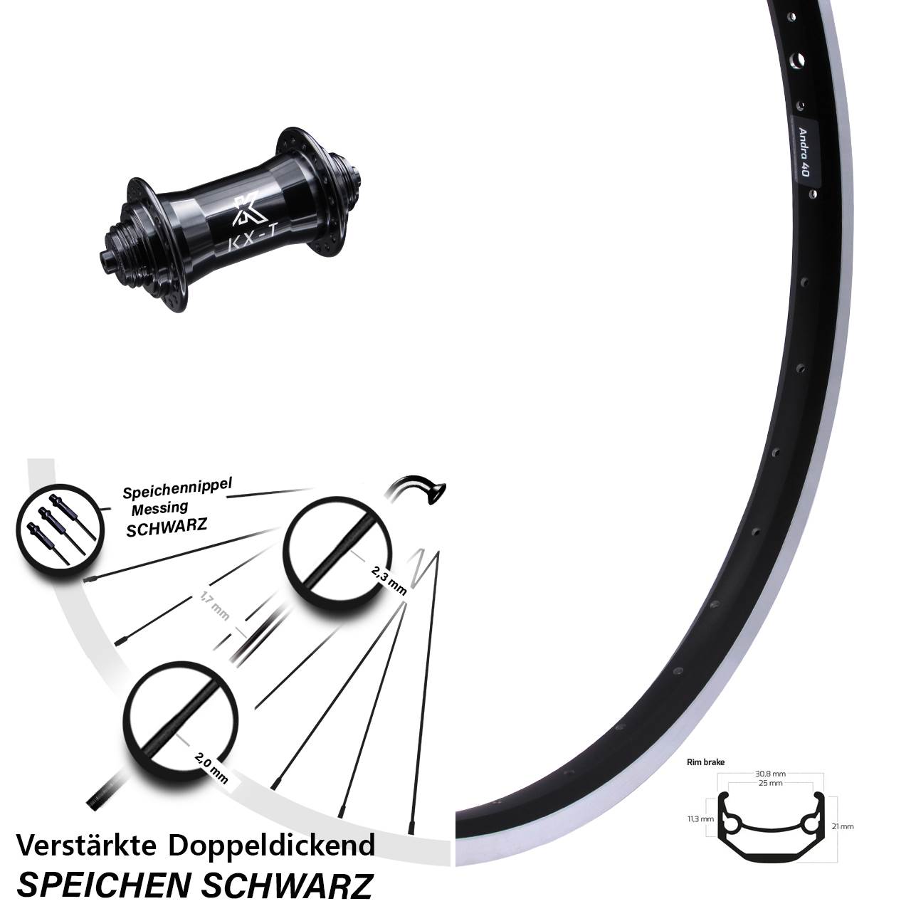Ryde Andra 40 Vorderrad 28 Zoll verstärkt Nabe KX-T 4-fach gelagert