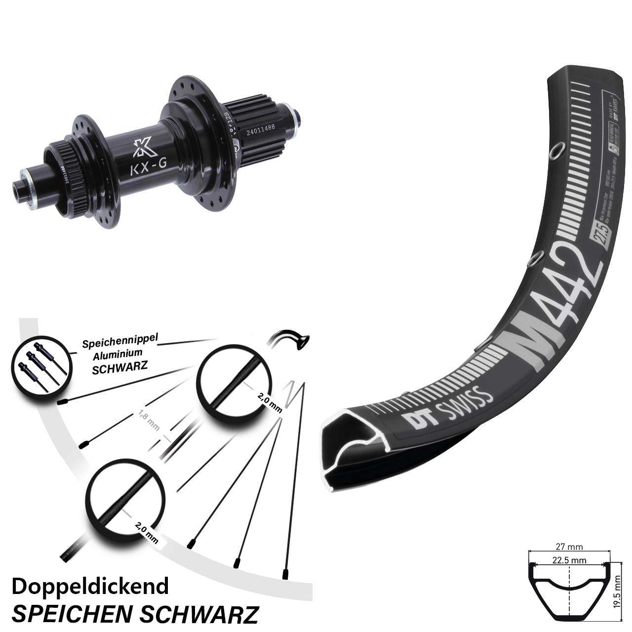 28 Zoll DT Swiss M 442 Hinterrad KX-G Micro Spline
