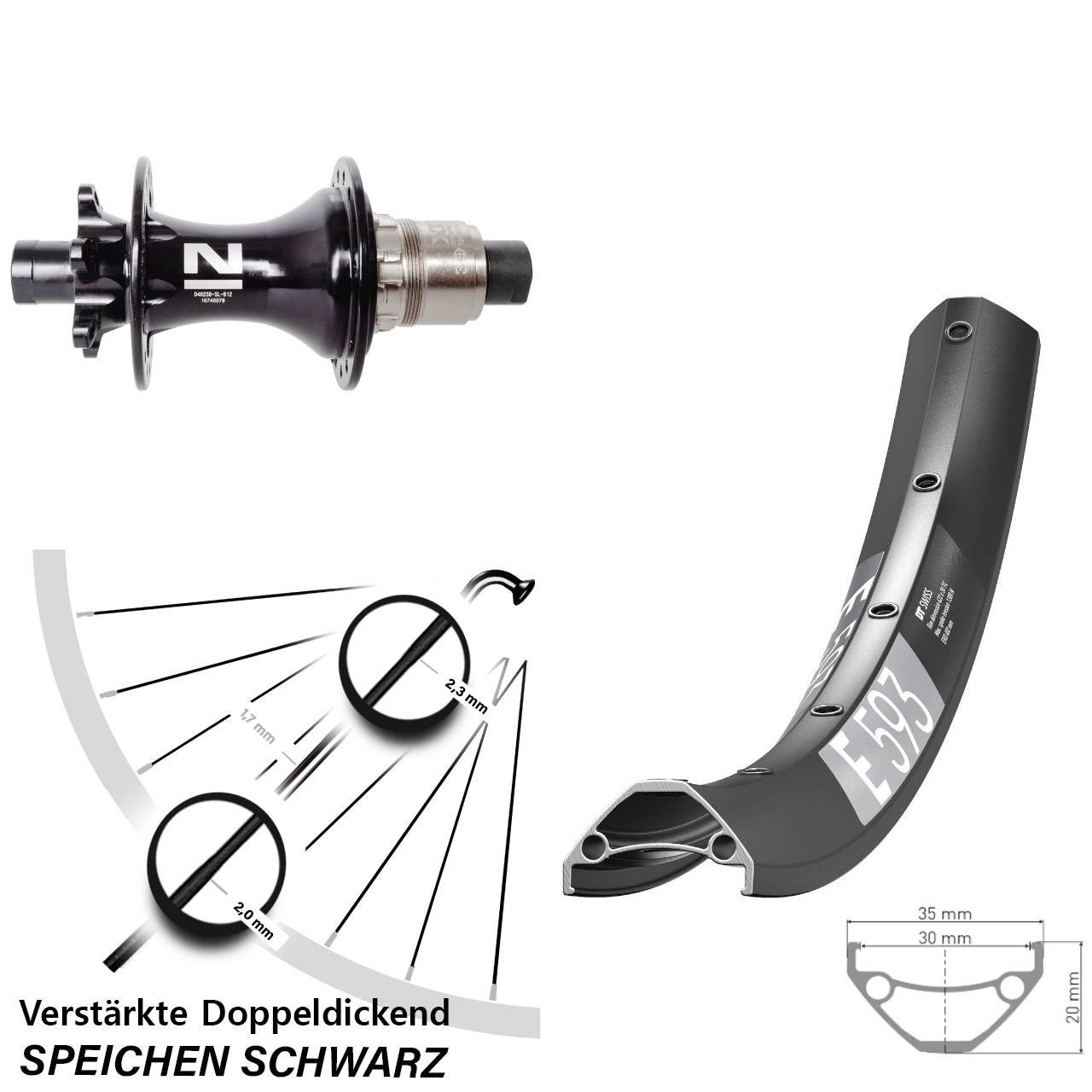 29 Zoll DT Swiss E 593 Novatec D462SB 6-Loch Hinterrad 12x148 XD