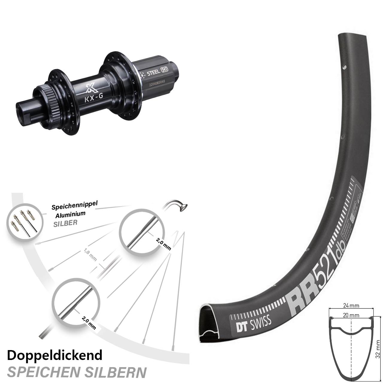 KX-GS schwarz Centerlock DT Swiss RR 521 DB Hinterrad 28 Zoll für Steckachse