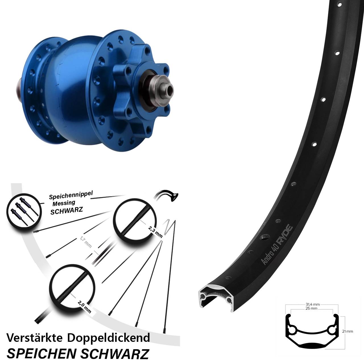 SON 28 blau Ryde Andra 40 650B Disc Laufrad mit Nabendynamo QR