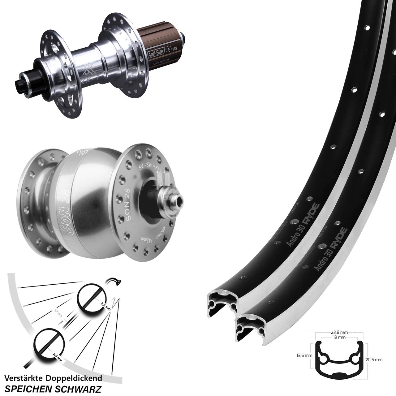 Laufradsatz 26 Zoll Ryde Andra 30 KX-T SON 28 8-12 fach HG für Schnellspanner
