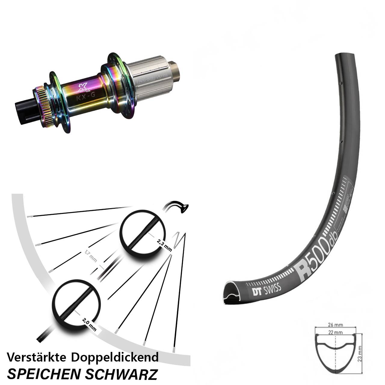 Centerlock Hinterrad 12x142 28 Zoll DT Swiss R500 KX-G Oilslick 8-12 fach HG