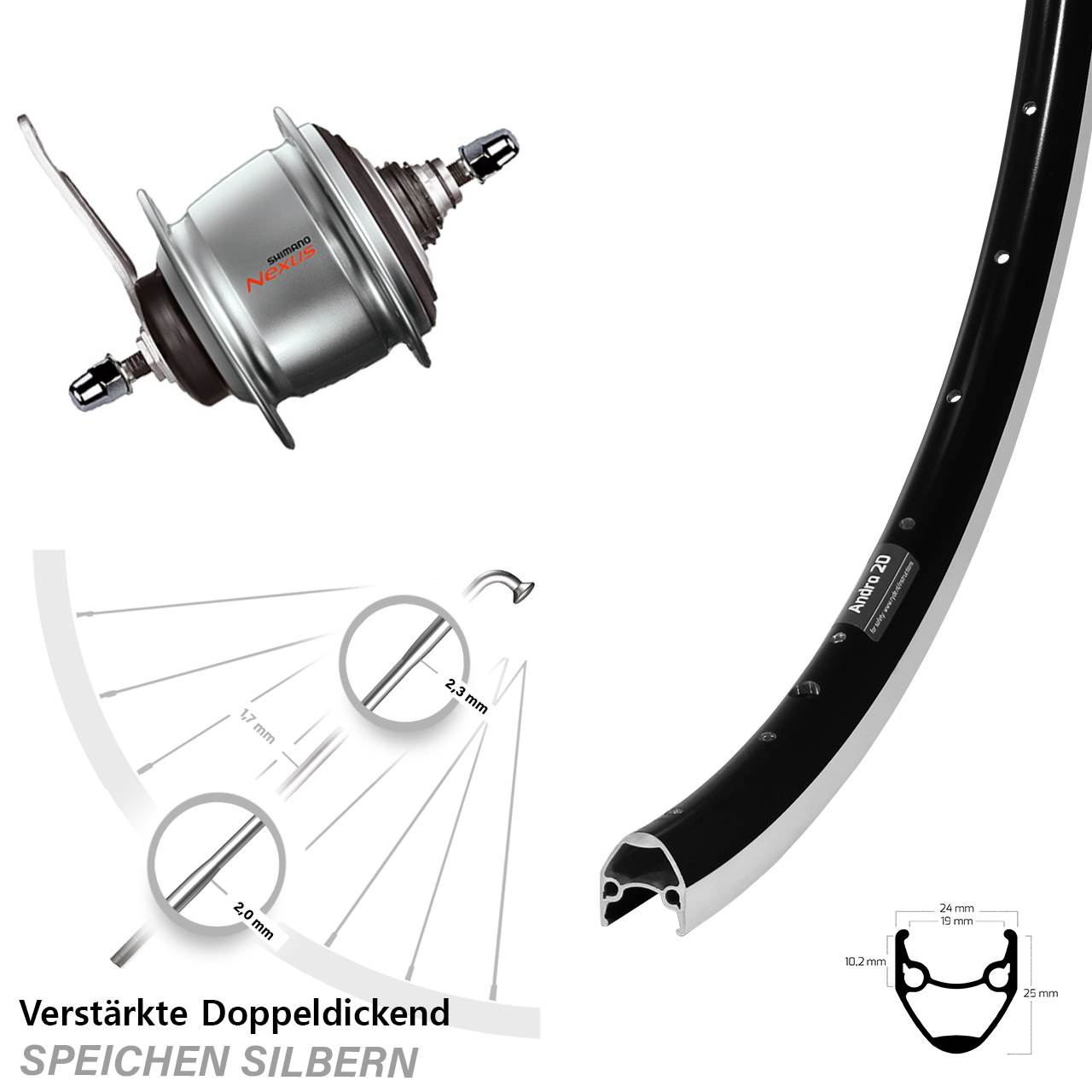 28 Zoll Ryde Andra 20 Shimano Nexus 8 Gang Hinterrad mit Rücktrittbremse