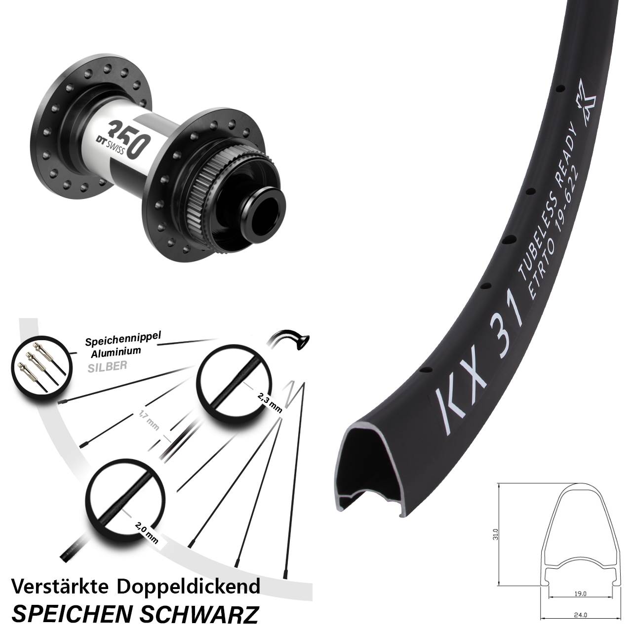 KX 31 DT Swiss 350 28 Zoll Vorderrad Centerlock 12x100