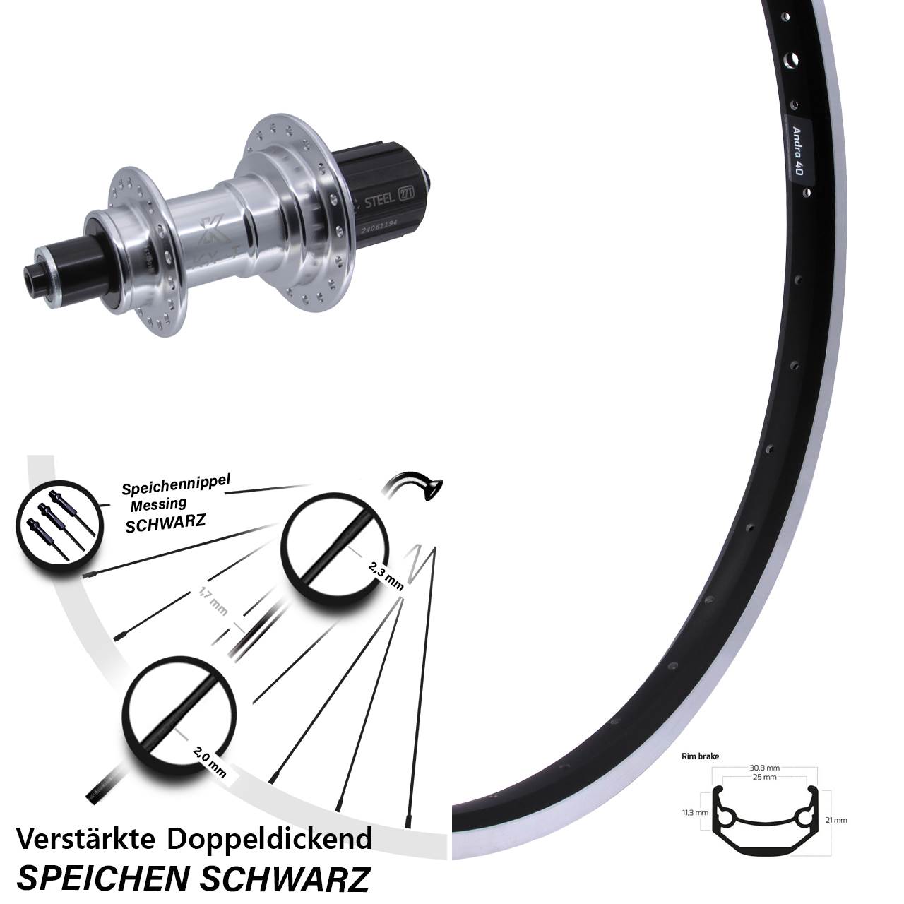 26 Zoll Ryde Andra 40 KX-TS Heavy Duty Laufrad hinten für Schnellspanner 8-12 fach HG