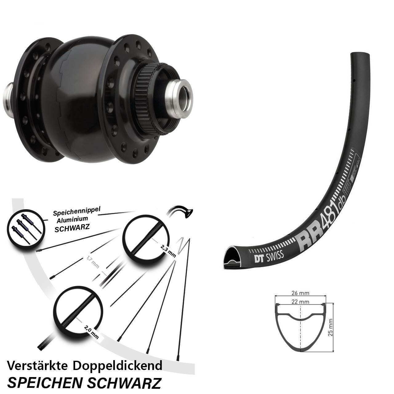 SON 28 Zoll Nabendynamo Vorderrad DT Swiss RR 481 DB für Steckachse schwarz