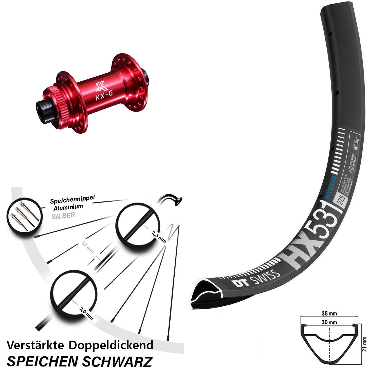 Centerlock Vorderrad 29 Zoll DT Swiss HX531 KX-G rot 12x100