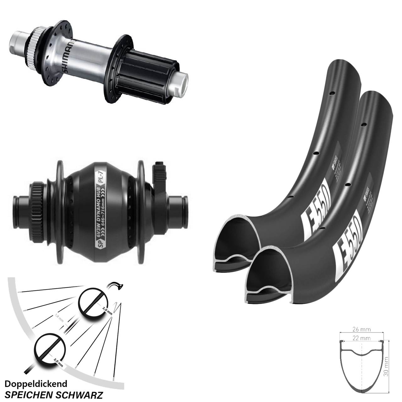 DT Swiss E550 SP PL-7 Shimano FH-RS770 28 Zoll Disc Laufradsatz 12x100/142 8-12 fach HG
