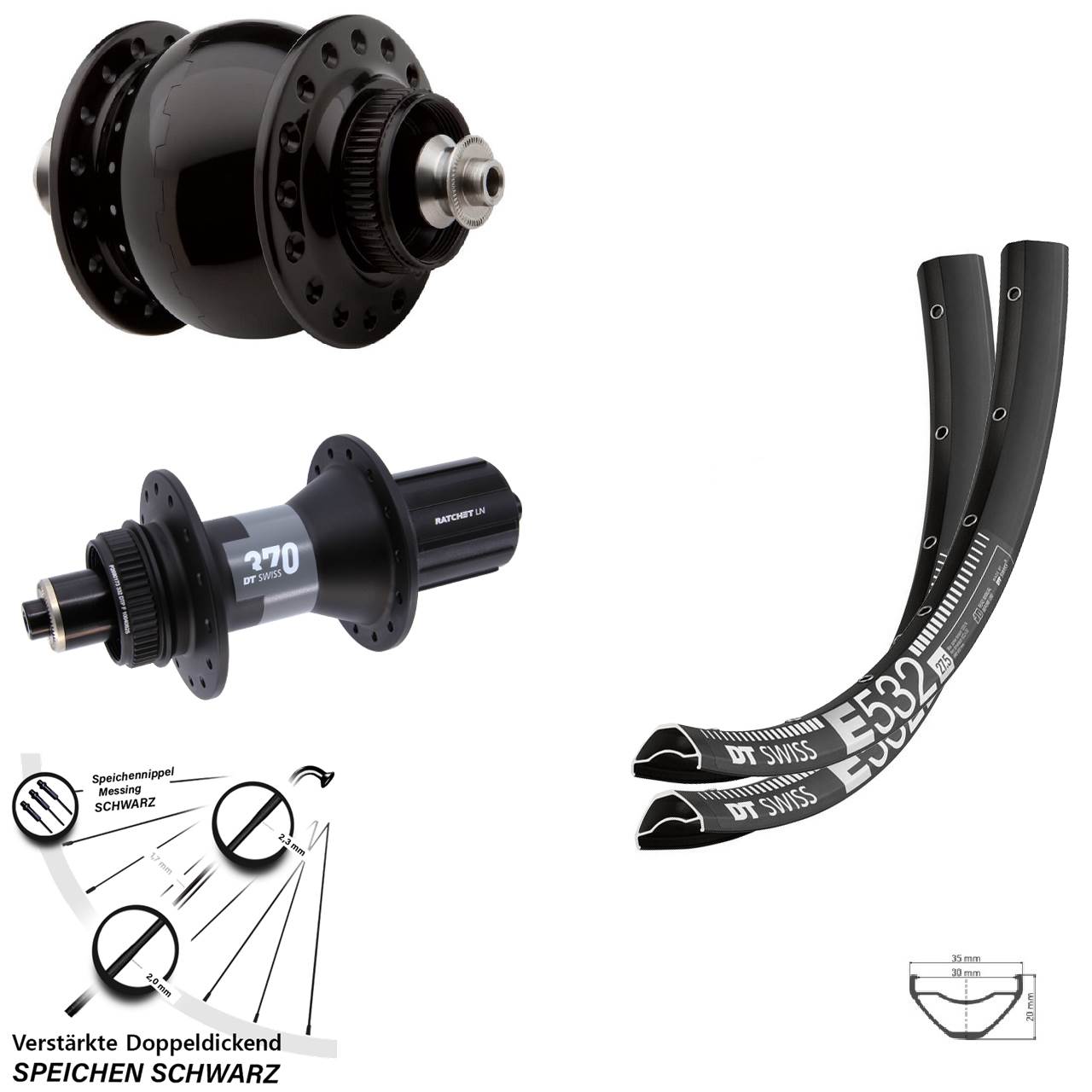 27,5 Zoll DT Swiss E 532 DT Swiss 370 SON 28 Disc Laufradsatz für Schnellspanner 8-12 fach
