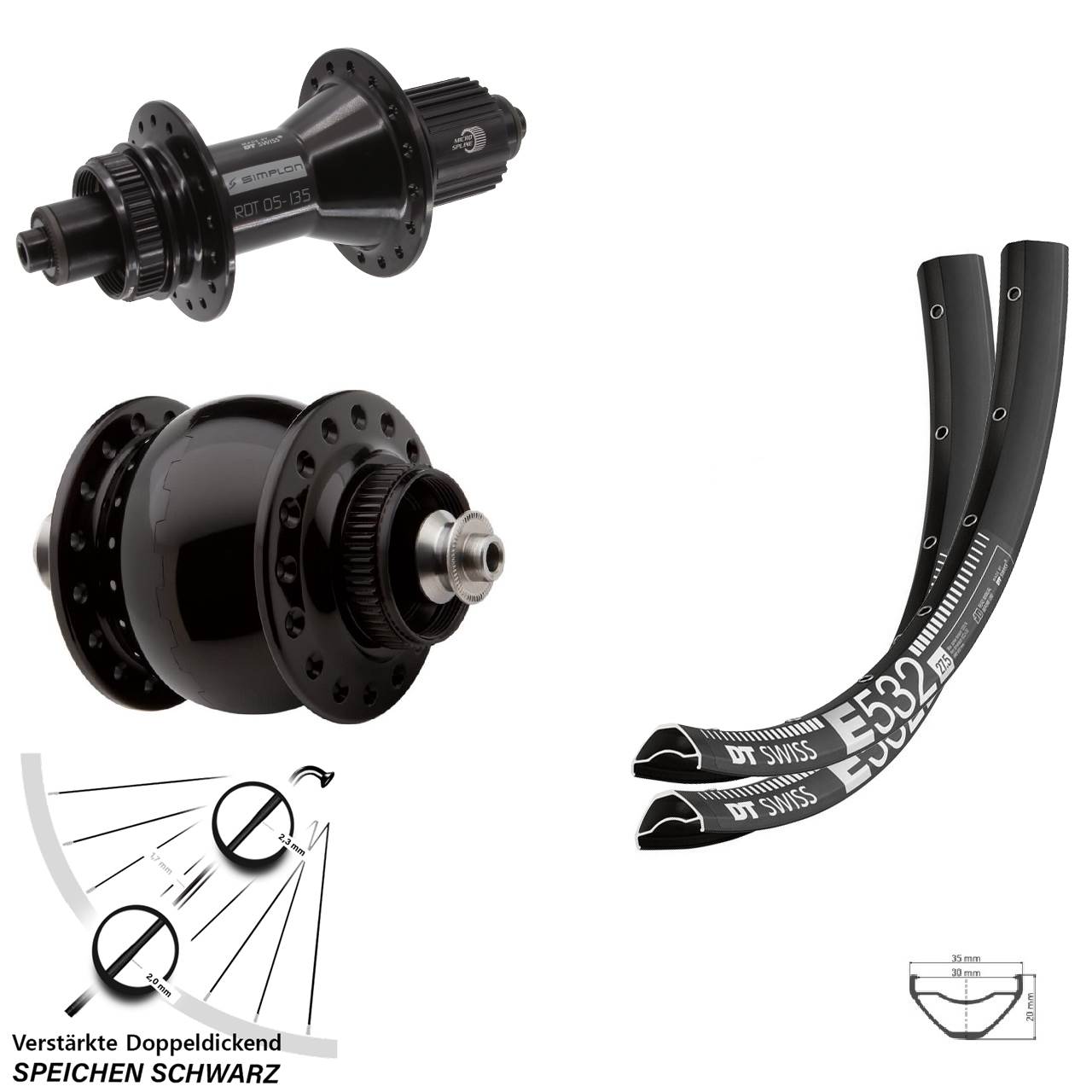 Disc Laufradsatz QR 27,5 Zoll DT Swiss E 532-370 Hybrid SON 28 Micro Spline