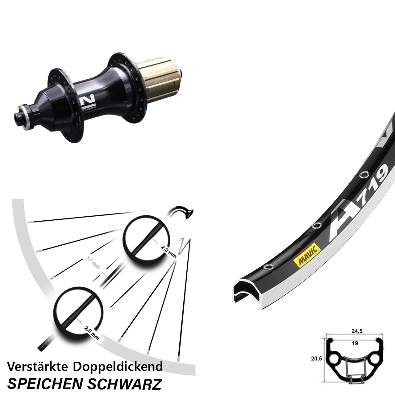 28 Zoll Laufrad Mavic A 719 Novatec F162SB 8-12 fach 5/135 schwarz