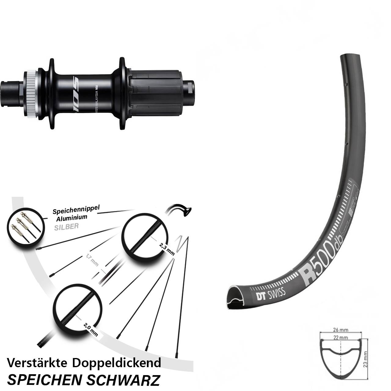 Centerlock Hinterrad 12x142 28 Zoll DT Swiss R500 Shimano 105 FH-R7070 8-12 fach