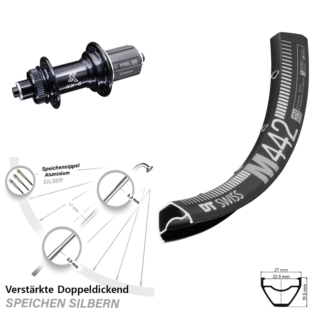 Hinterrad Centerlock 28-29 Zoll DT Swiss M 442 KX-GS verstärkt 8-12 fach QR