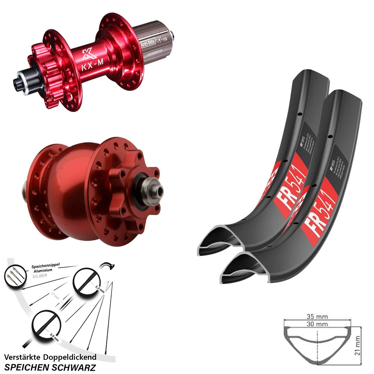 Disc Laufradsatz 29 Zoll DT Swiss FR541 KX-M rot SON 28 8-12 fach QR