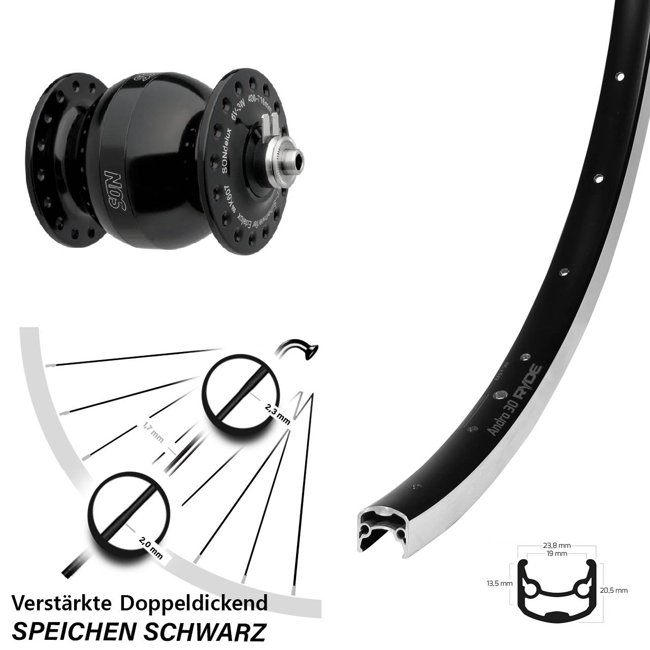Nabendynamolaufrad 28 Zoll Ryde Andra 30 SON delux wide body für Schnellspanner
