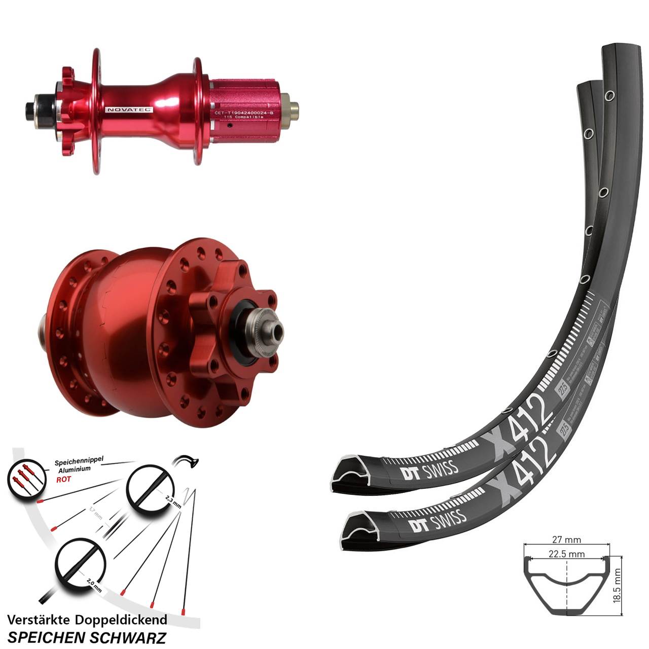 29 Zoll Laufradsatz 6-Loch DT Swiss X 412 Novatec D792SB SON 28 rot 8-12 fach QR