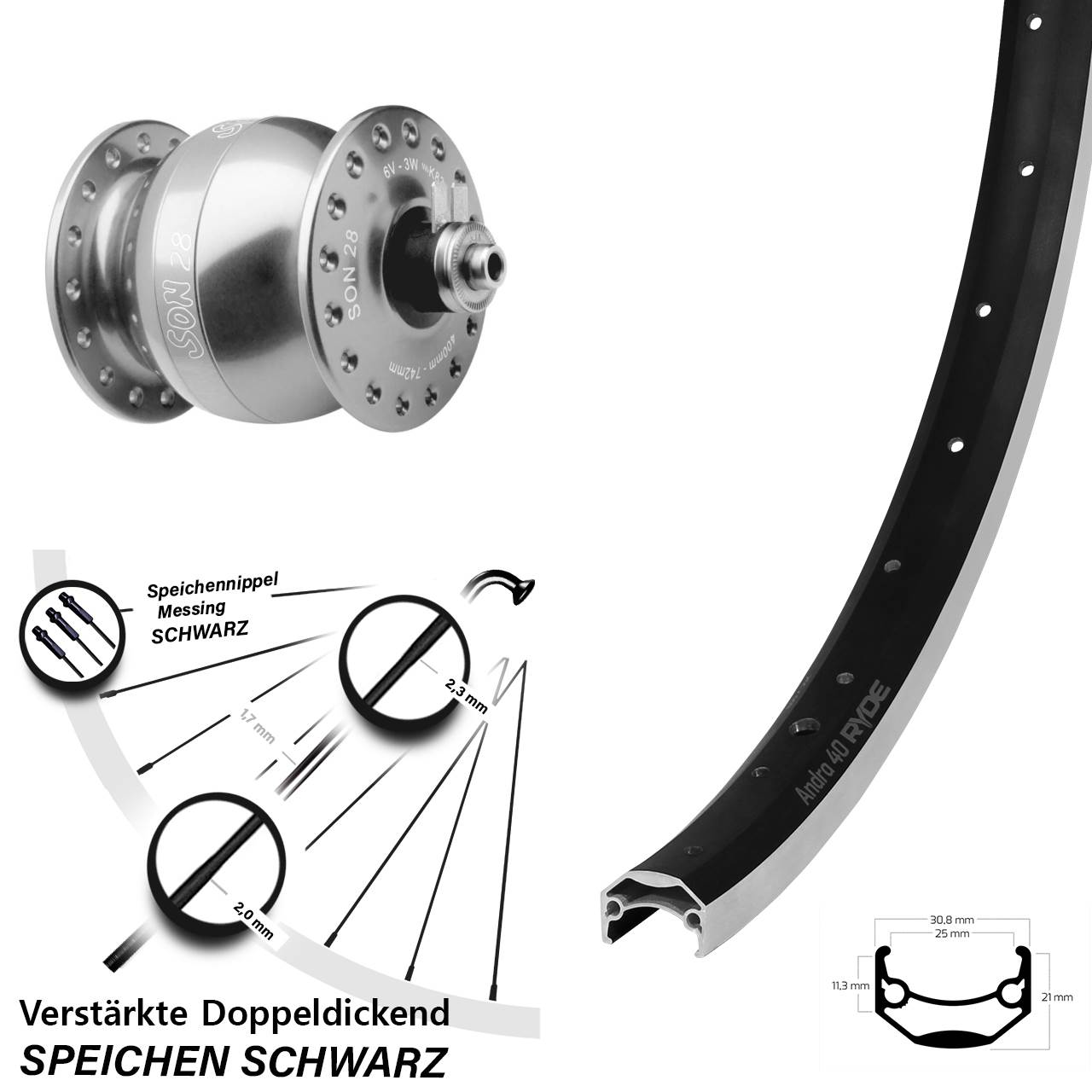 Vorderrad mit Nabendynamo 20 Zoll Ryde Andra 40 SON 28 silbern QR
