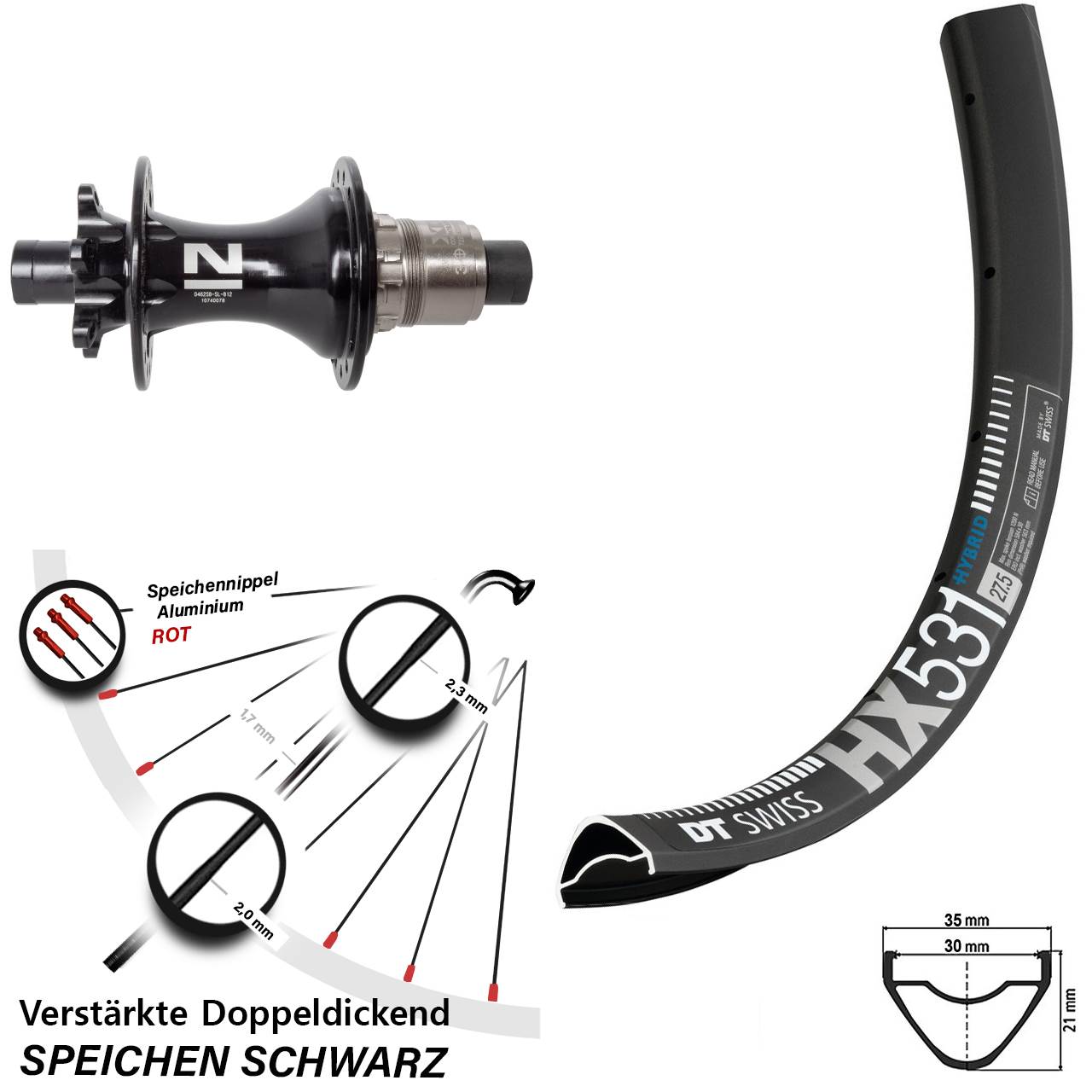 27,5 Zoll DT Swiss HX 531 Novatec D462SB Disc Hinterrad 12x148 SRAM XD