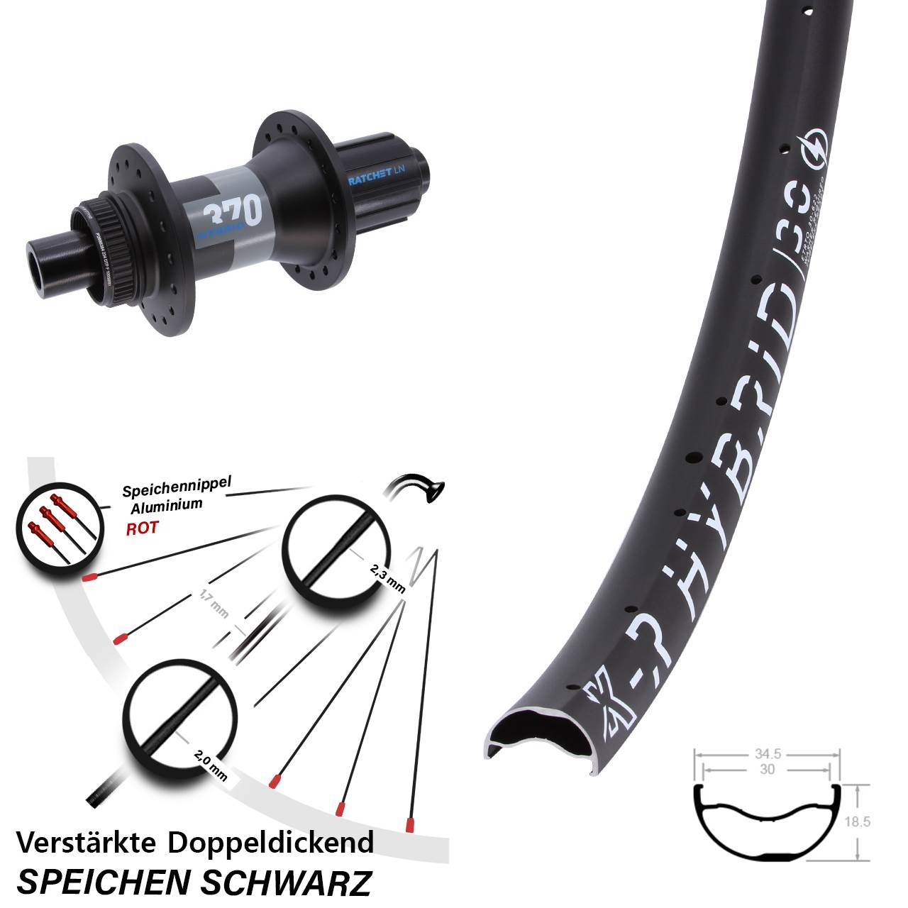 29 Zoll KX-R Hybrid 30 DT Swiss 370 Hinterrad Centerl. 12x148 Boost 8-11 fach HG