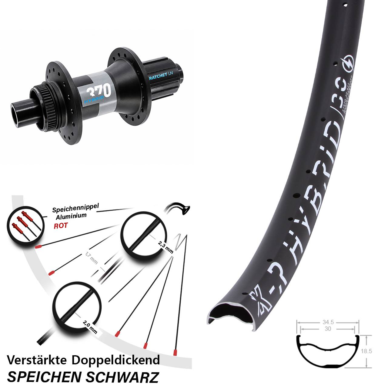 29 Zoll KX-R Hybrid 30 DT Swiss 370 Hinterrad Centerl. 12x148 Boost 8-11 fach HG