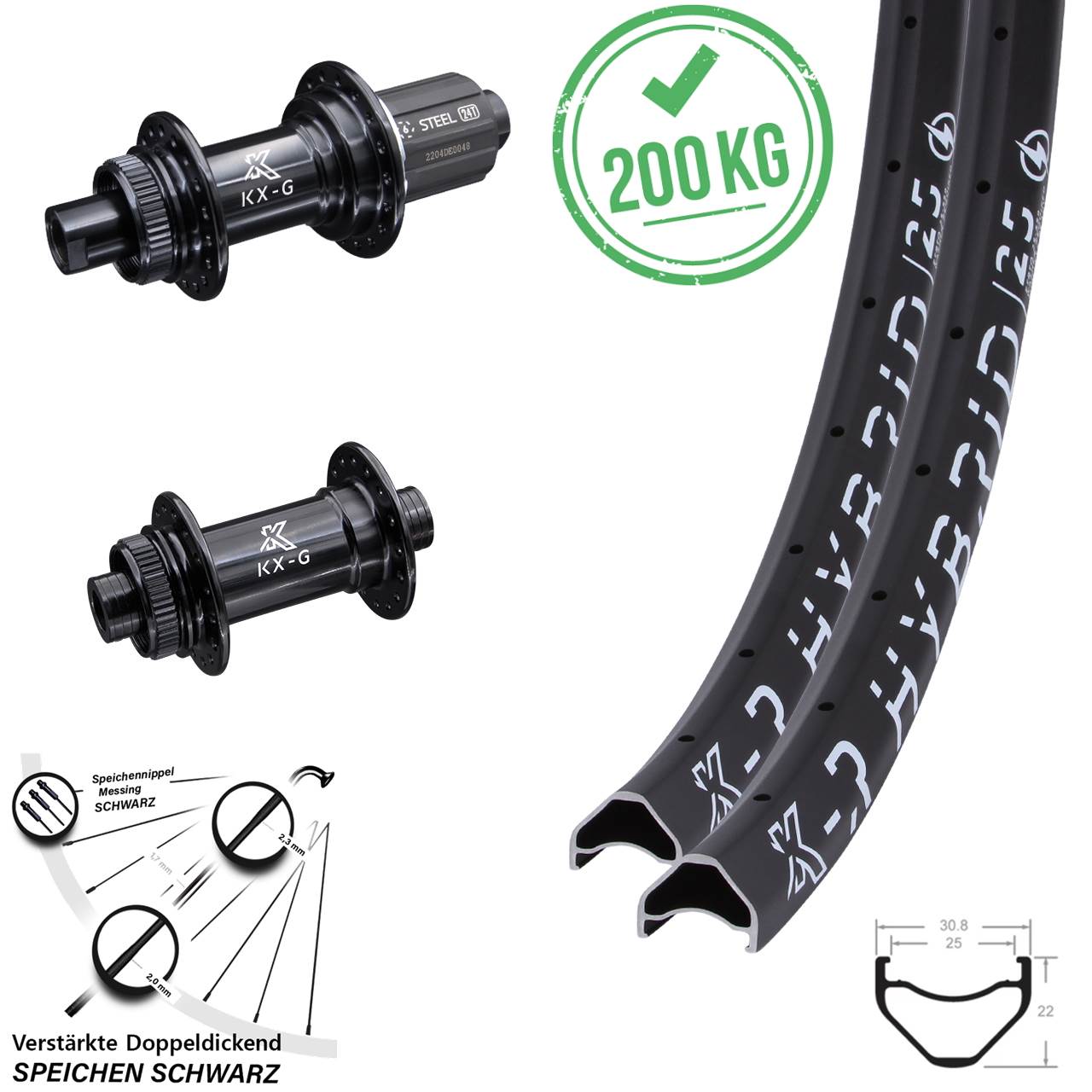 Laufradsatz 28 Zoll Hybrid 25 KXR-GS Gravel verstärkt 8-12 fach HG 12x100/142