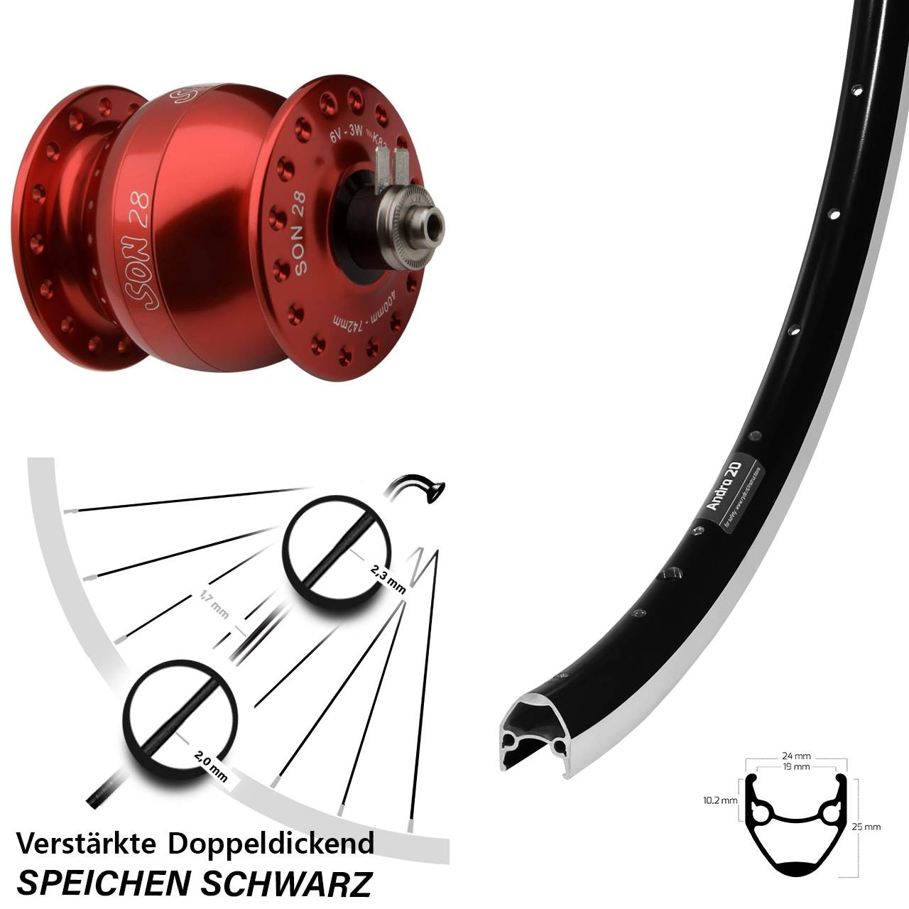 Nabendynamolaufrad roter SON 28 Zoll Ryde Andra 20 für Schnellspanner