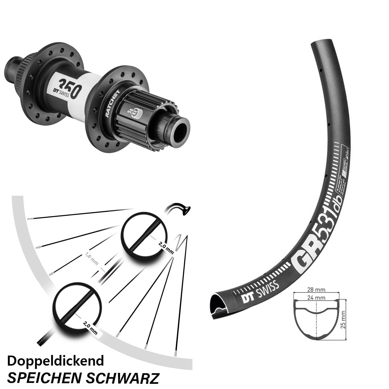 DT Swiss GR 531-350 28 Zoll Hinterrad Centerlock 12x142 Micro Spline