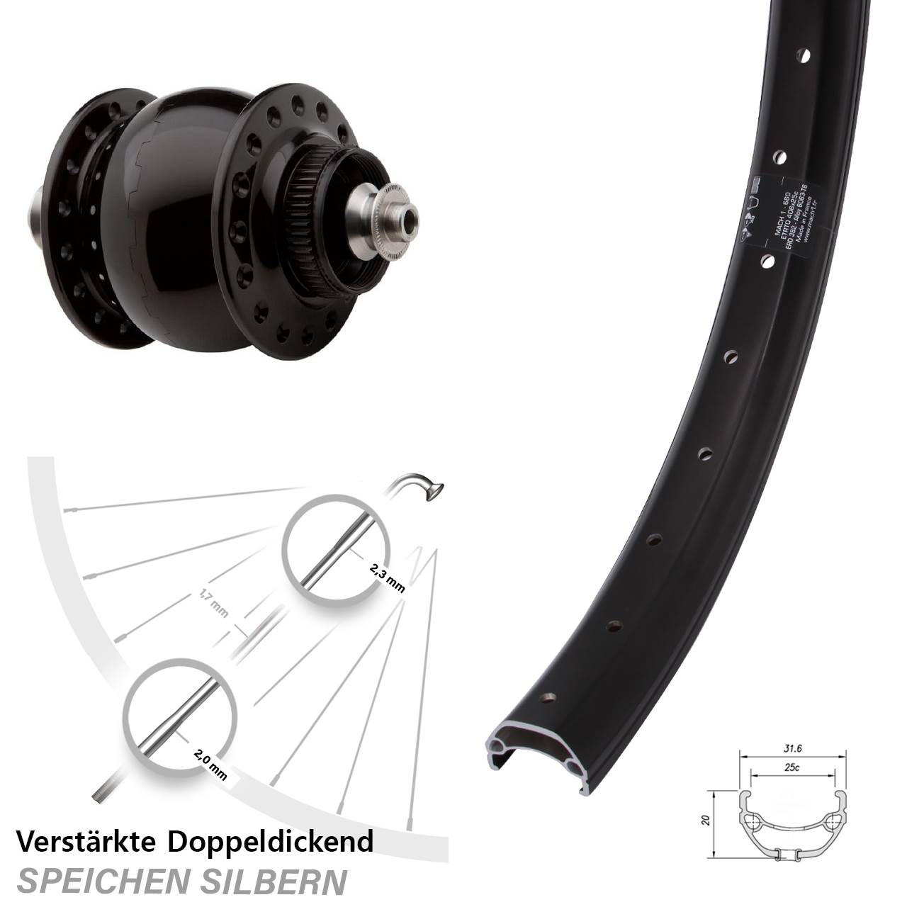 SON 28 Mach1 Kargo 20 Zoll Nabendynamovorderrad Centerlock QR