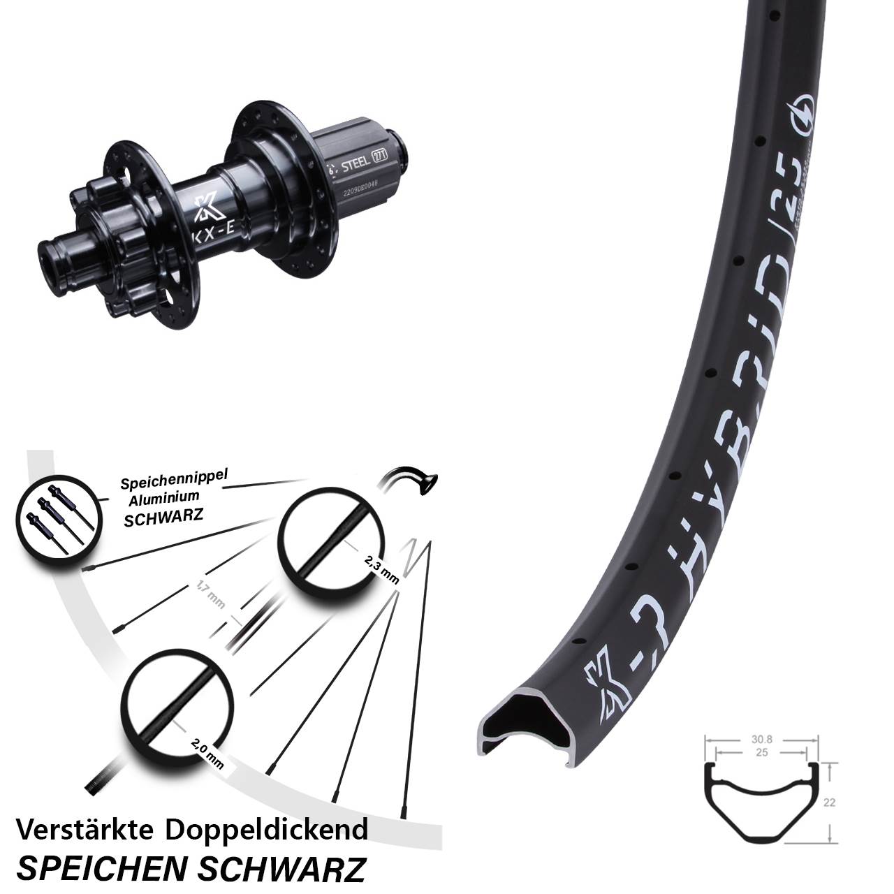 E-Bike 26 Zoll Hinterrad KX-ER Hybrid 25 Shimano 11-fach verstärkt 12x142 mm