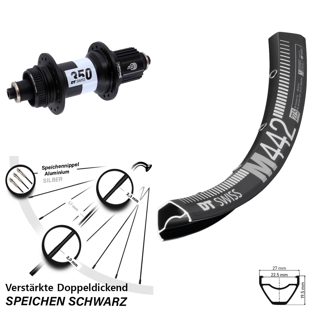 28 Zoll DT Swiss M442-350 Ratchet 36 Centerlock Hinterrad QR Shimano Micro Spline