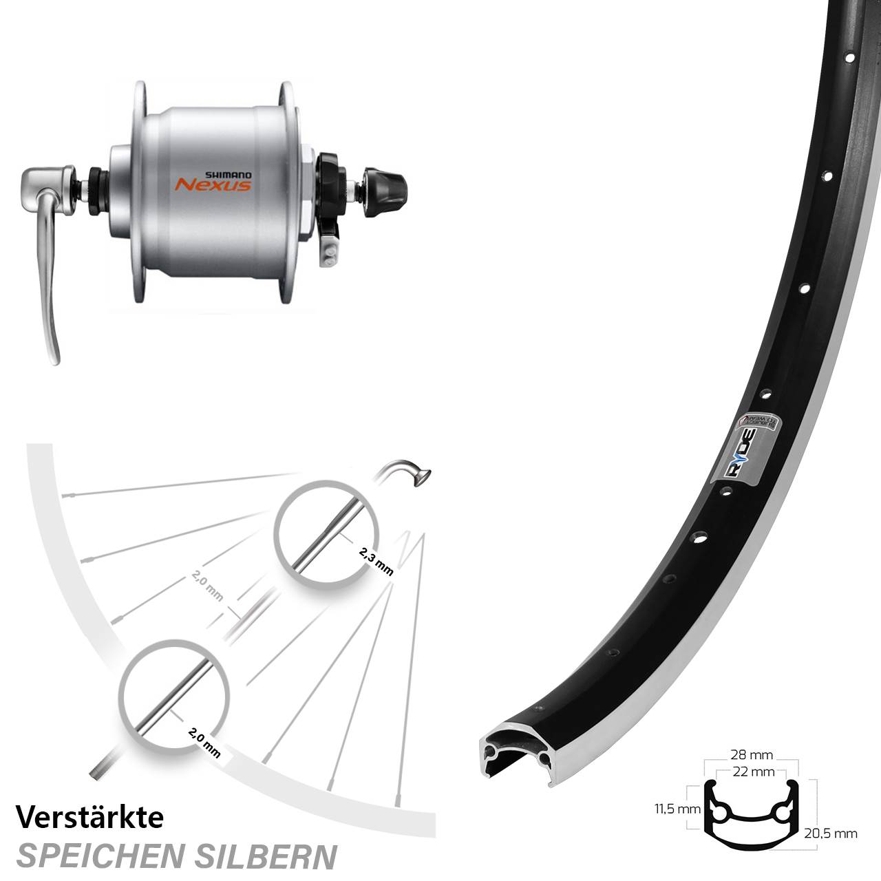 Vorderrad mit Nabendynamo QR 650B Ryde Andra 35 Shimano DH-C3000