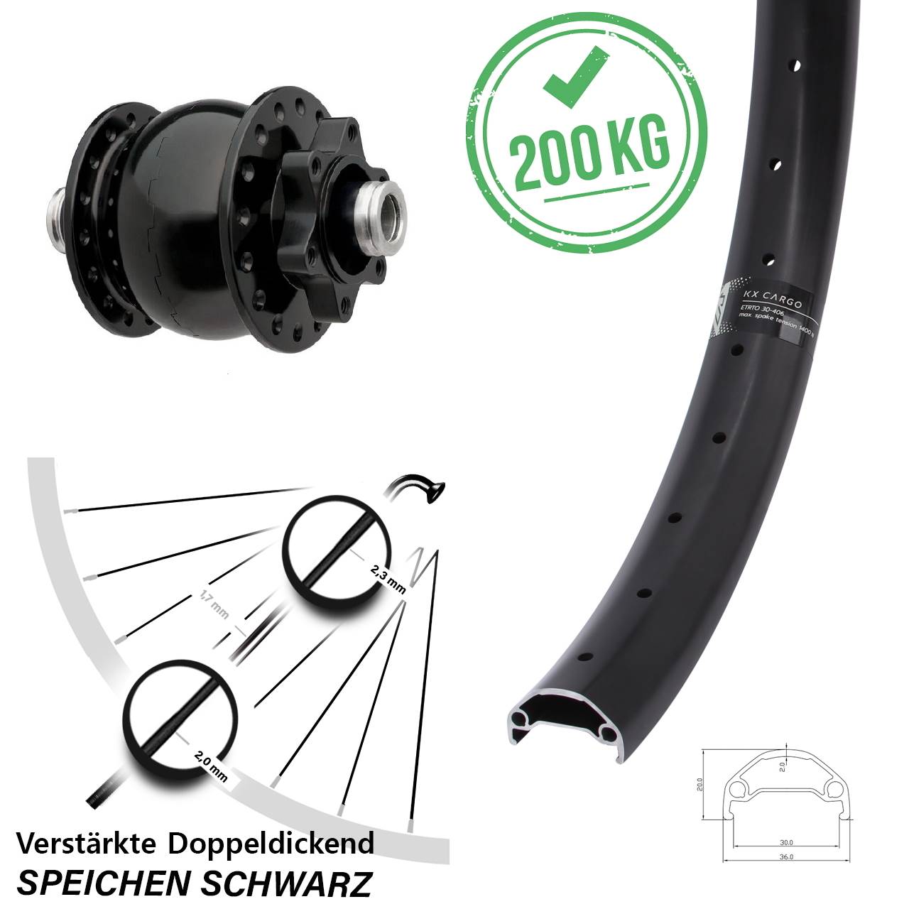 Nabendynamovorderrad 6-Loch 20 Zoll KX Cargo SON 28 12x100