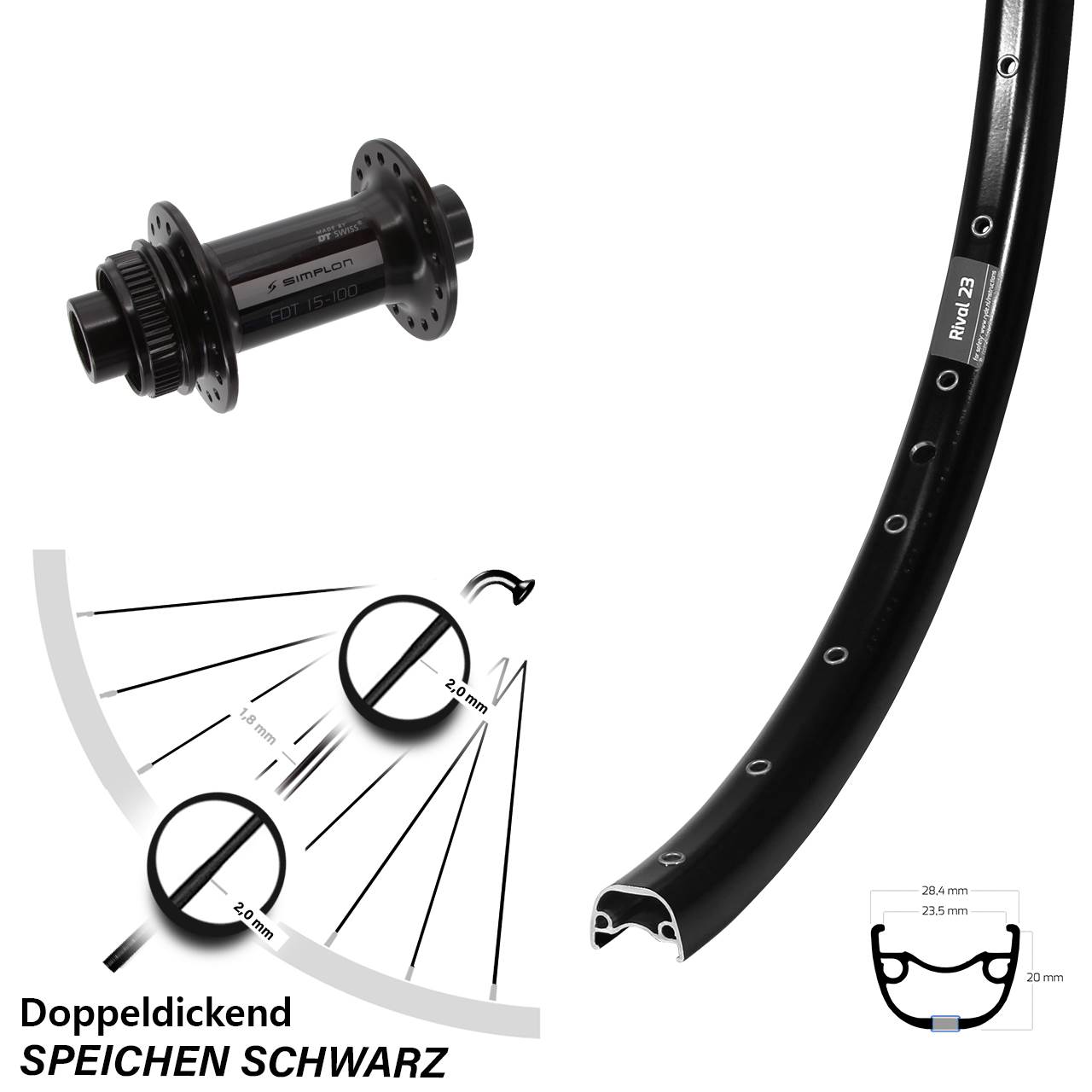 27,5 Zoll Ryde Rival 23 DT Swiss 370 Disc Laufrad 15x100