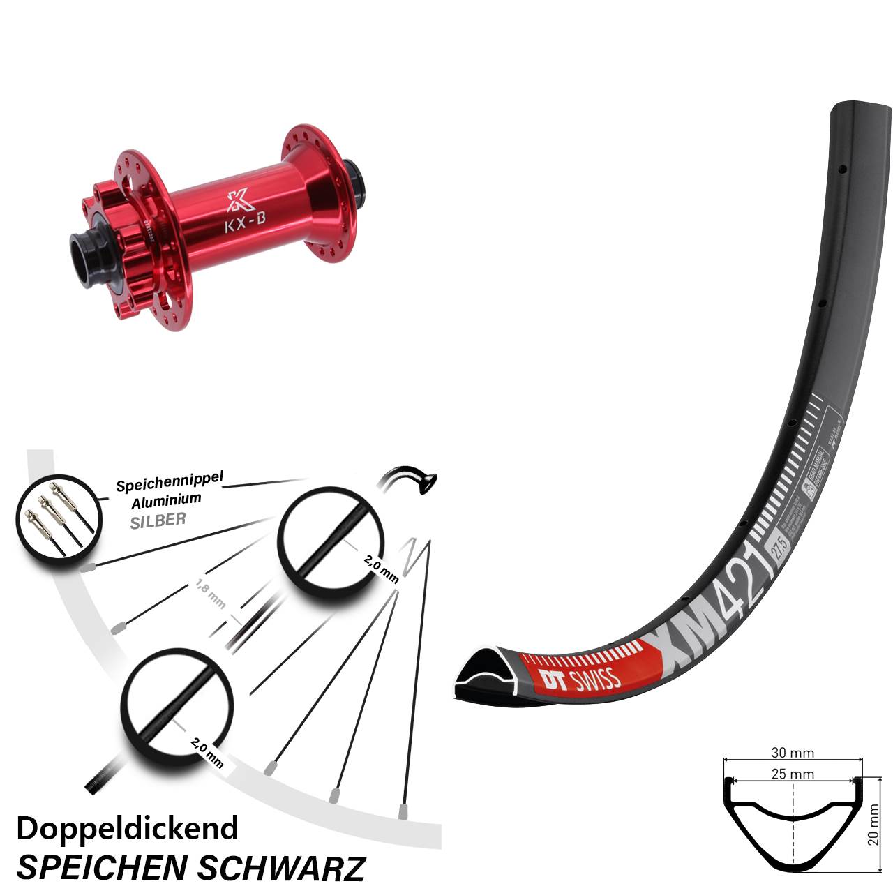 6-Loch Vorderrad 27,5 Zoll DT Swiss XM 421 KX-B rot 15x110 Boost