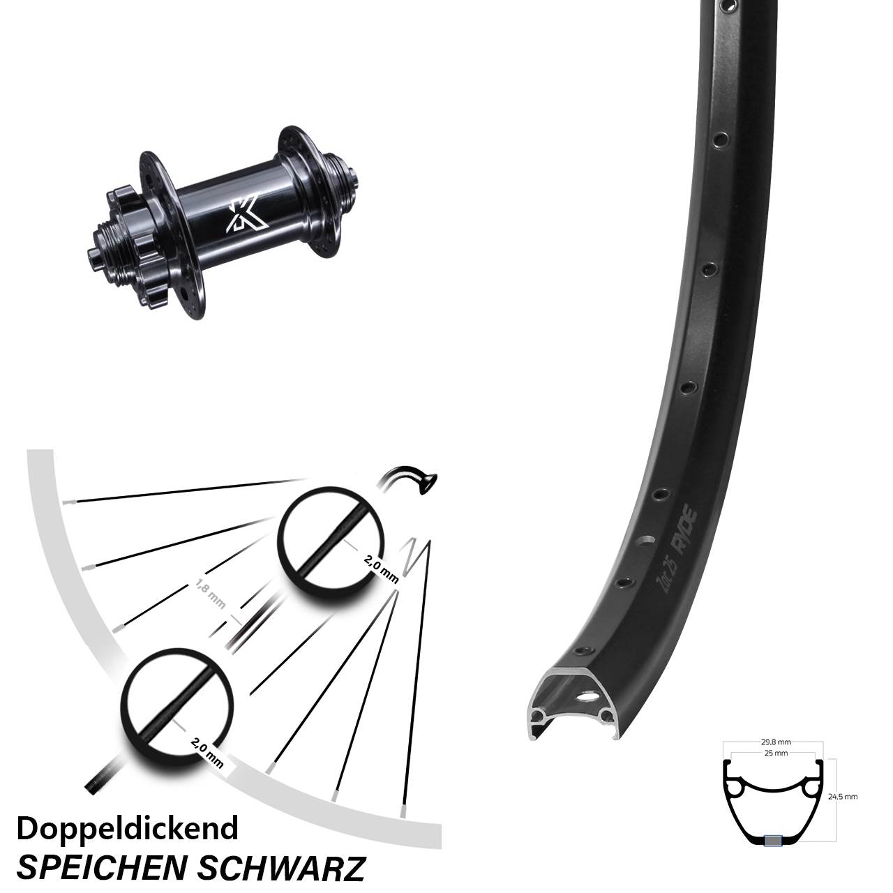 Vorderrad 6-Loch für Schnellspanner 29 Zoll Ryde ZAC 25 KX-M