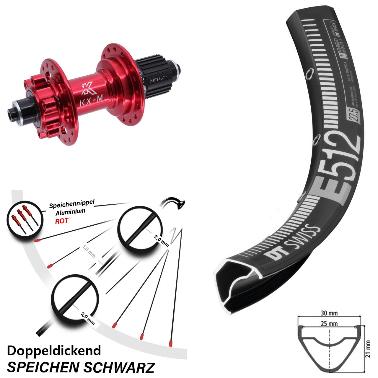 Disc Laufrad für Schnellspanner 27,5 Zoll DT Swiss E 512 KX-M rot Micro Spline