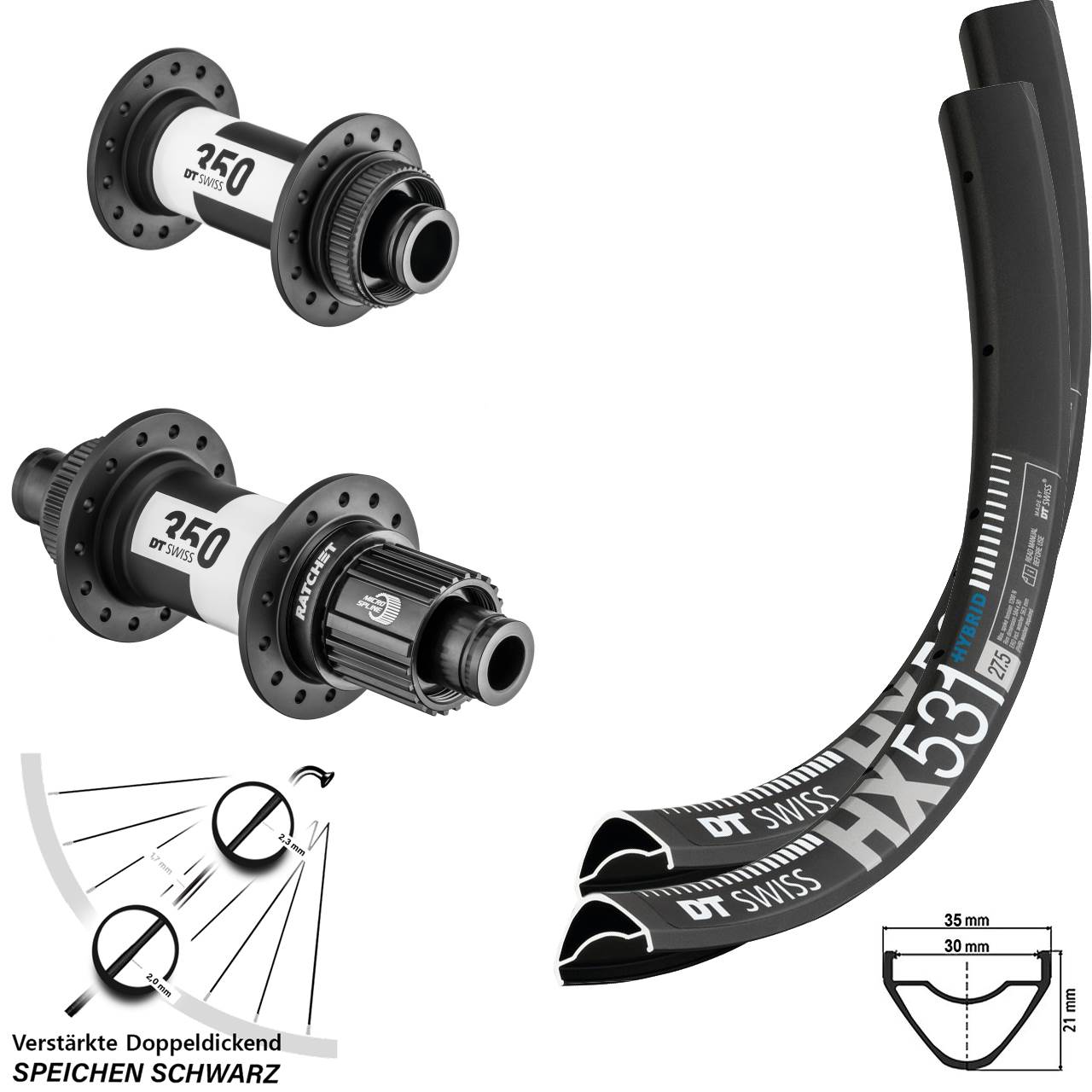 29 Zoll DT Swiss HX531 DT Swiss 350 Disc Laufrad-Satz 15x100 12x142 Shimano Micro Spline
